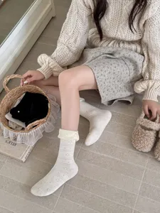 Autumn winter women sweet lace pearl mid tube socks casual fashion daily wear comfortable white