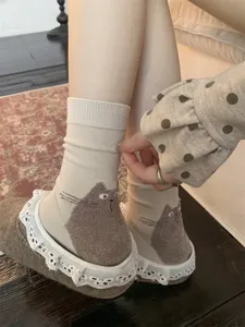 Cute fuzzy cat design women mid-calf cotton socks detailed view showing cozy indoor sock style