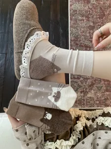 Cute cat pattern cotton mid-tube socks with sweet lace trim, comfortable retro daily wear.