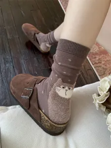 Cozy brown women crew socks featuring cute fluffy cat illustration and polka dots for daily wear.