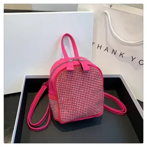 Elegante zainetto rosa da donna con strass brillanti, borsa casual in pelle PU.