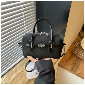 Classic black suede boston handbag for women, vintage top handle daily crossbody shoulder bag.