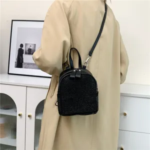 Donna nero strass mini zaino casual elegante borsa a spalla in pelle PU quotidiana.