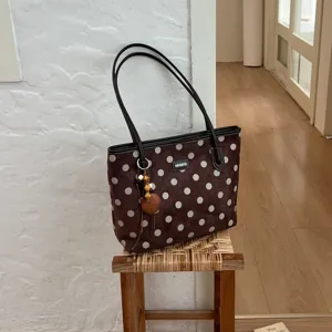 Stylish brown polka dot tote bag with large capacity, perfect for daily commute and casual use.