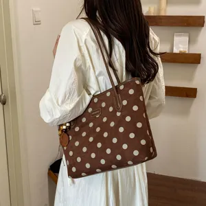 Brown suede polka dot tote bag, large capacity casual commuting shoulder handbag for women
