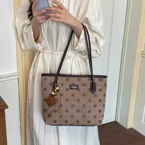 Brown polka dot tote bag for women, large capacity stylish casual shoulder handbag for daily work.