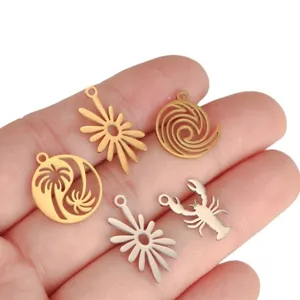 Stainless steel summer beach charms pendants for DIY jewelry making, wave and palm tree designs.