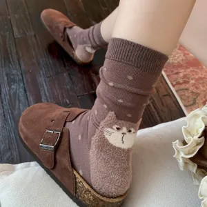 Cute cartoon cat design fluffy tail women mid tube cotton socks comfortable daily wear detail