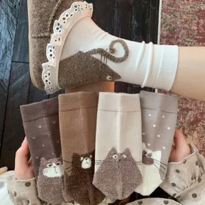 Fluffy cat design women mid-calf socks cute animal illustration cotton warm casual socks