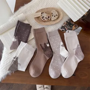 Cute 3D plush tail cat design women mid tube socks, soft cotton casual polka dot hosiery.