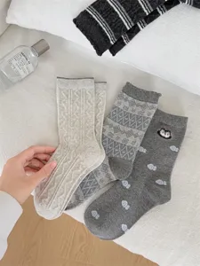 Cozy grey neutral women crew socks knit vintage style chic casual daily wear pair set