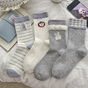 Women Retro Cute Cartoon Bear Embroidery Crew Socks Cotton Blend Casual Plaid Stripe Lace Trim Fashion Socks