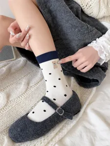 Japanese style cute bear embroidered polka dot mid-calf socks for women autumn daily wear