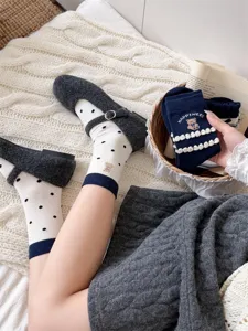 Japanese style navy blue polka dot cute bear mid-tube socks college style cute rolled cuff socks