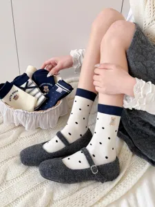 Japanese style navy cartoon bear print cute polka dot mid-calf women socks for autumn daily wear