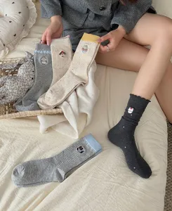 Korean retro dot yarn cartoon embroidered women mid tube socks cozy autumn winter fashion cute