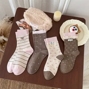 Conjunto de calcetines de media pantorrilla para mujer estilo japonés flores rayas