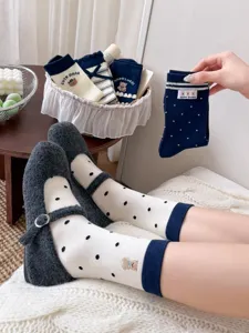 Japanese navy blue cute bear polka dot mid tube socks for women, sweet lifestyle fashion hosiery.