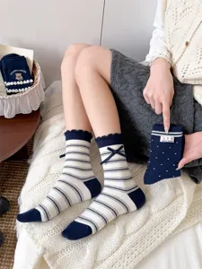 Japanese style navy blue cute bear print mid-calf ruffle bow striped socks for daily women