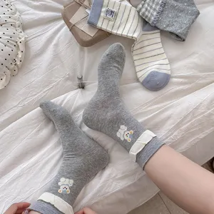 Grey cute bear embroidered ruffle socks Korean vintage style cotton crew socks for women