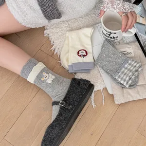 Korean vintage women socks set featuring cute bear embroidery, grey plaid and cozy slouch design.