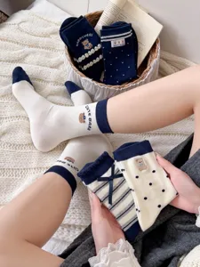 Japanese style navy blue cute bear cartoon stack socks women early autumn college mid-tube socks