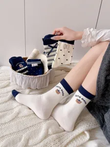 Japanese style cute navy blue bear cartoon mid-tube socks women's autumn college style casual wear