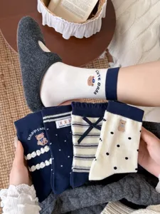 Japanese navy blue cute bear cartoon mid tube socks, sweet style cozy knit socks for women.