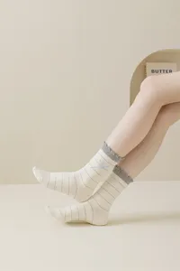 Calcetines a media pantorrilla estilo JK japonés mujer rayas azules volantes lazo calcetines