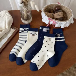 Women cute bear mid-tube socks Japanese college style dark blue white striped dot hosiery