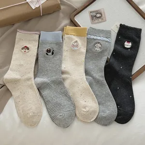 Women's Retro Dot Yarn Mid Tube Socks Cute Cartoon Embroidery Cotton Blend Casual Crew Socks Autumn Winter Fashion Hosiery
