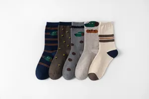 Detailed shot of cartoon design women mid-calf socks, cute artistic cotton crew socks.
