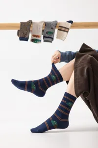 Cute cartoon pattern mid-tube cotton socks with stylish stripes, soft and comfortable daily wear.