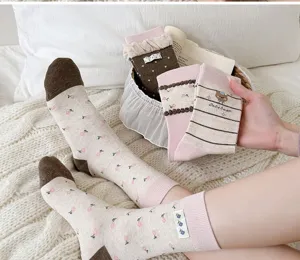 Gezellige dames sokken katoen schattig bloemen streep beer ontwerp comfortabele dagelijkse