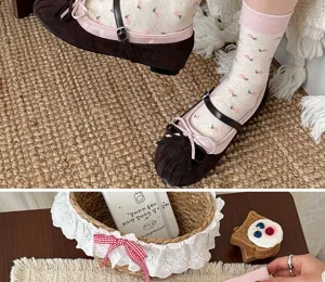 Schattige bloemige sokken Koreaanse stijl strik katoen bruine lederen schoenen sokken