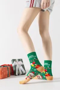 Weihnachten Socken Damen grün Cartoon Rentier Farblich abgesetzt Baumwolle Festlich