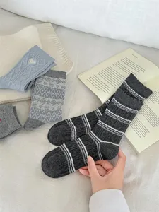 Close-up detail shot of Korean chic mid-tube socks featuring cozy knit patterns and soft fabric.