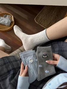 Grey patterned women socks light blue vintage fair isle style casual mid tube cotton socks chic