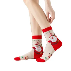Weihnachtssocken für Damen, modisches Color-Block-Design mit süßem Weihnachtsmann und Rentier.