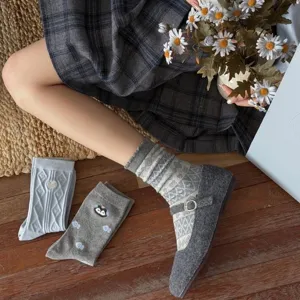 Cozy retro Fair Isle women crew socks stylish grey mid-calf socks cute daily wear.