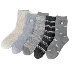 Women grey mid-tube socks set, vintage fair isle cable knit and cute animal patterns stylish.