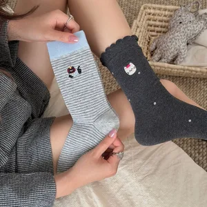 Retro autumn winter women mid tube socks korean cute cartoon embroidery dot yarn stylish casual