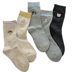 Cute cartoon embroidery mid tube socks Korean retro autumn winter casual women hosiery