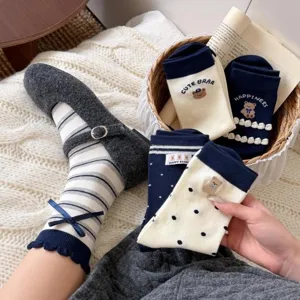 Japanese style cute cartoon bear stack socks for women, navy blue mid-calf socks with sweet vibe.