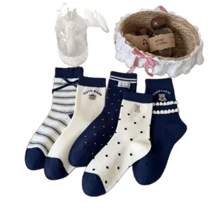 Japanese navy blue cute cartoon bear mid-calf socks for women, sweet college style design.