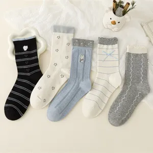 Mujeres estilo japonés dulce lindo bordado lazo calcetines pantorrilla algodón conjunto casual