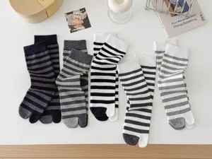 Japanese style split toe socks for women, black and white stripes cotton tabi socks.