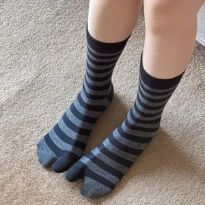 Black and grey striped tabi socks for women, comfortable split-toe cotton crew socks daily wear