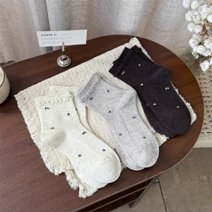 Damen japanische Vintage Blumen Crew Socken, süße Rüschen Bündchen Baumwolle, 3er Set.
