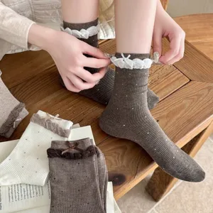 Japanese Style Lolita Crew Socks For Women Sweet Ruffle Lace Trim Polka Dot Combed Cotton Knit Socks With Bowknot